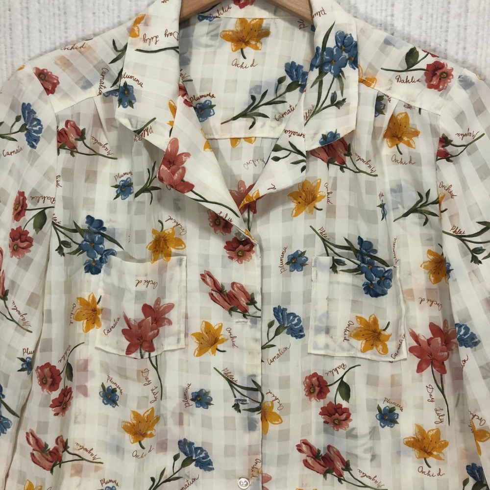 Vintage Floral Botanical‎ Gingham Button Up Blouse Camp Collar White Multi Color